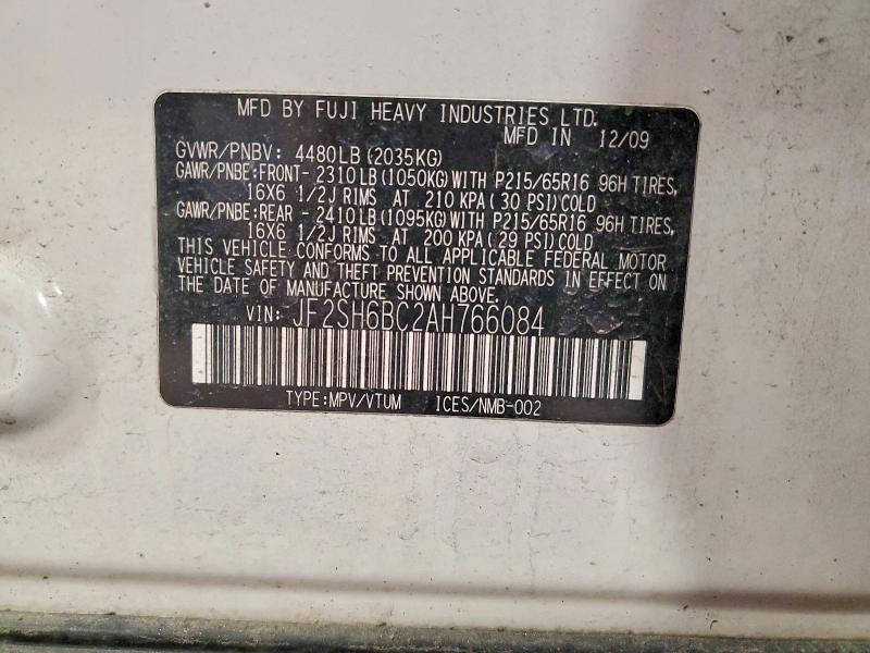 2010 Subaru Forester მანქანა იყიდება აუქციონზე, vin: JF2SH6BC2AH766084, აუქციონის ნომერი: 51985556