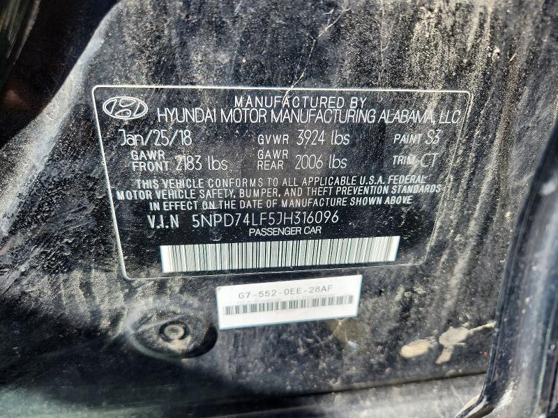 55742846 :رقم المزاد ، 5NPD74LF5JH316096 vin ، 2018 Hyundai Elantra مزاد بيع