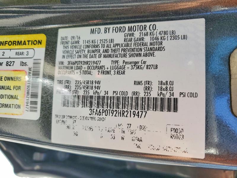 53360246 :رقم المزاد ، 3FA6P0T92HR219477 vin ، 2017 Ford Fusion مزاد بيع