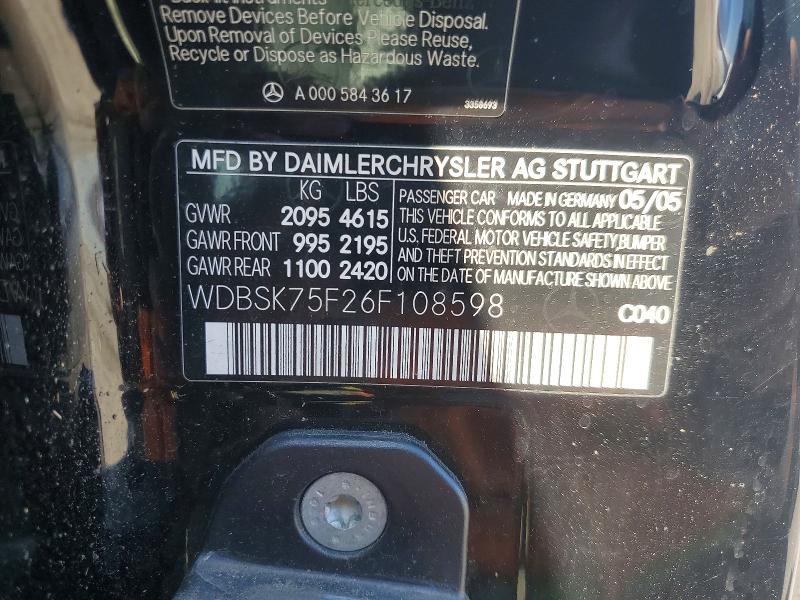 52541796 :رقم المزاد ، WDBSK75F26F108598 vin ، 2006 Mercedes-benz Sl مزاد بيع