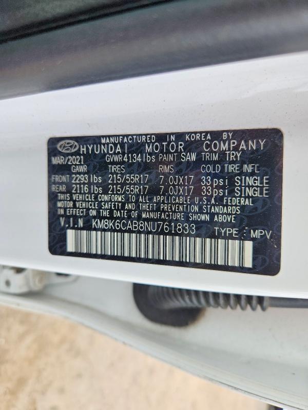 2022 Hyundai Kona მანქანა იყიდება აუქციონზე, vin: KM8K6CAB8NU761833, აუქციონის ნომერი: 54546026