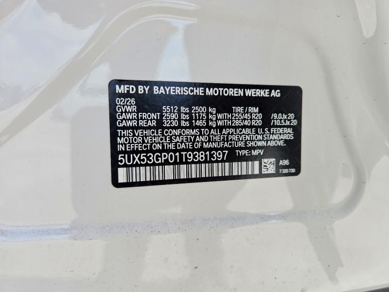 Aukcja sprzedaży 2026 Bmw X3, vin: 5UX53GP01T9381397, numer aukcji: 52765606