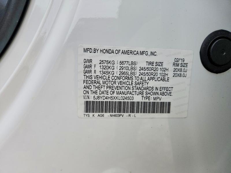 54004576 :رقم المزاد ، 5J8YD4H5XKL024503 vin ، 2019 Acura Mdx مزاد بيع