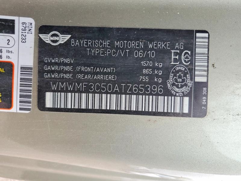 Продаж на аукціоні авто 2010 Mini Cooper, vin: WMWMF3C50ATZ65396, номер лоту: 52867086