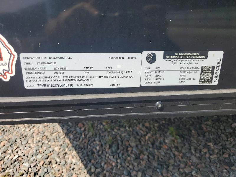 Продаж на аукціоні авто 2025 Nationcraft 7x16ta2, vin: 7PVBE162XSD016716, номер лоту: 53240696