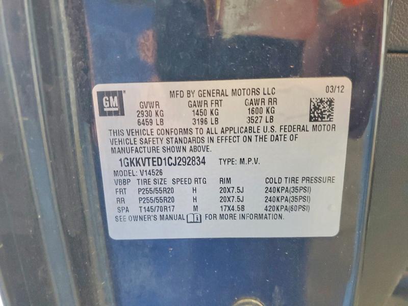53082846 :رقم المزاد ، 1GKKVTED1CJ292834 vin ، 2012 Gmc Acadia مزاد بيع