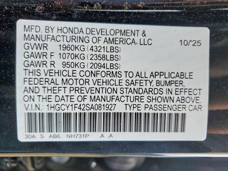 54494756 :رقم المزاد ، 1HGCY1F42SA081927 vin ، 2025 Honda Accord مزاد بيع