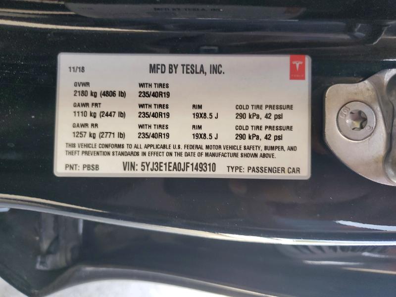 2018 Tesla Model 3 მანქანა იყიდება აუქციონზე, vin: 5YJ3E1EA0JF149310, აუქციონის ნომერი: 52890396