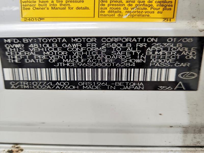 Aukcja sprzedaży 2008 Lexus Gs, vin: JTHCE96S080016284, numer aukcji: 53779806