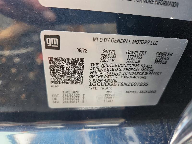 Продажа на аукционе авто 2022 Chevrolet Silverado, vin: 1GCUDGET8NZ607235, номер лота: 52374596