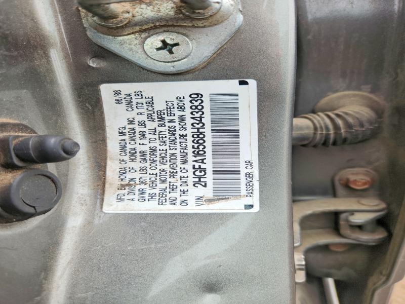 2008 Honda Civic მანქანა იყიდება აუქციონზე, vin: 2HGFA16568H343839, აუქციონის ნომერი: 52776466