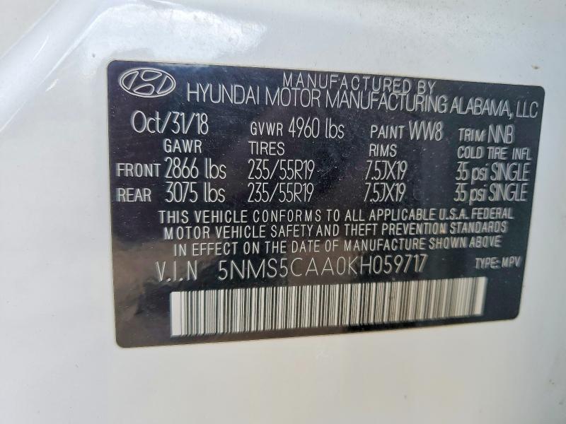 Aukcja sprzedaży 2019 Hyundai Santa Fe, vin: 5NMS5CAA0KH059717, numer aukcji: 52990666