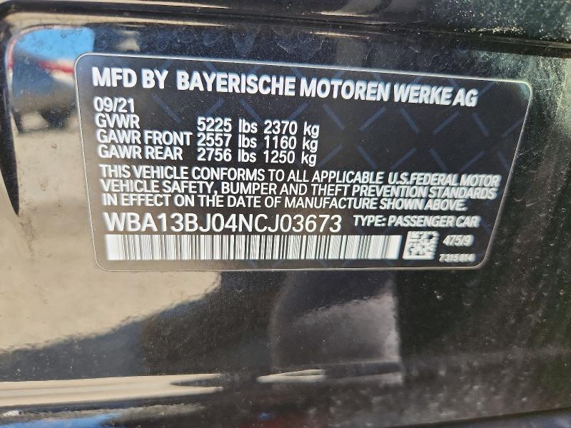 2022 Bmw 530 მანქანა იყიდება აუქციონზე, vin: WBA13BJ04NCJ03673, აუქციონის ნომერი: 54445506