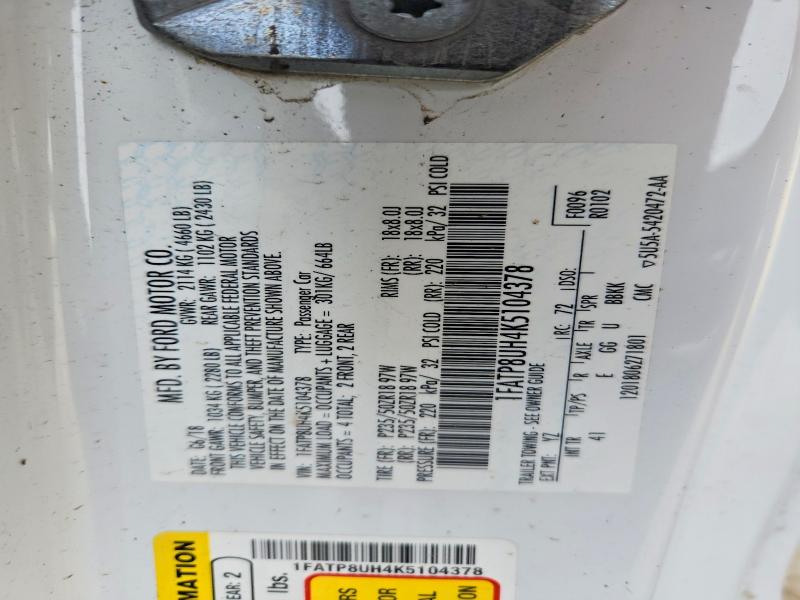 52199256 :رقم المزاد ، 1FATP8UH4K5104378 vin ، 2019 Ford Mustang مزاد بيع