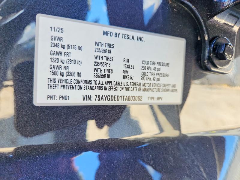 Aukcja sprzedaży 2026 Tesla Model Y, vin: 7SAYGDED1TA603062, numer aukcji: 55017976