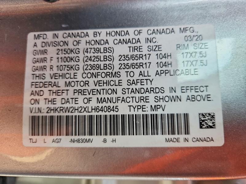 52478236 :رقم المزاد ، 2HKRW2H2XLH640845 vin ، 2020 Honda Cr-v مزاد بيع