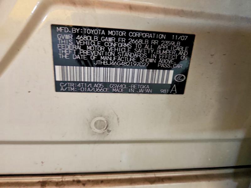Продаж на аукціоні авто 2008 Lexus Es, vin: JTHBJ46G482197027, номер лоту: 54212966