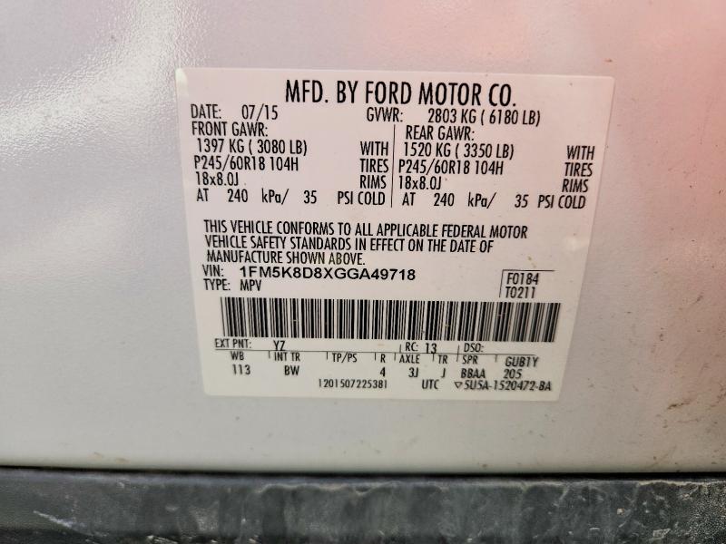 Продажа на аукционе авто 2016 Ford Explorer, vin: 1FM5K8D8XGGA49718, номер лота: 54411396