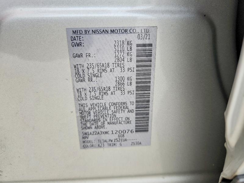 2021 Nissan Murano მანქანა იყიდება აუქციონზე, vin: 5N1AZ2AJXMC120076, აუქციონის ნომერი: 54260946