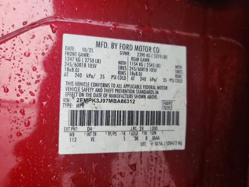 52185846 :رقم المزاد ، 2FMPK3J97MBA66312 vin ، 2021 Ford Edge مزاد بيع