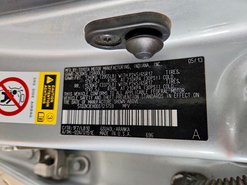 52697706 :رقم المزاد ، 5TDZK3EH0DS121759 vin ، 2013 Toyota Highlander مزاد بيع