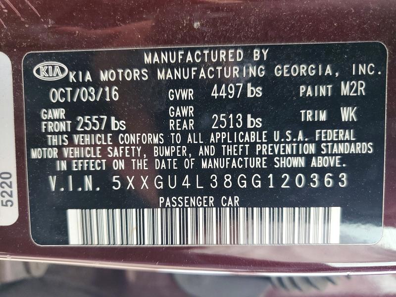 53036536 :رقم المزاد ، 5XXGU4L38GG120363 vin ، 2016 Kia Optima مزاد بيع