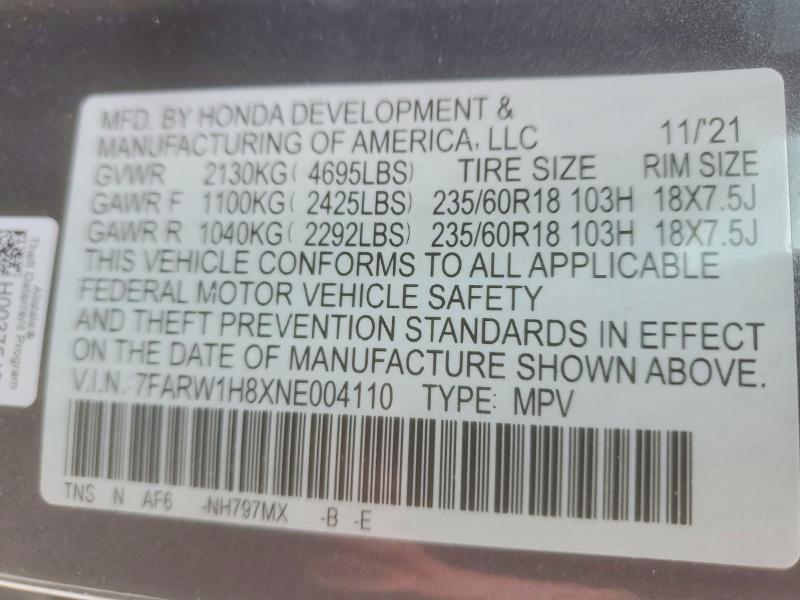 53074376 :رقم المزاد ، 7FARW1H8XNE004110 vin ، 2022 Honda Cr-v مزاد بيع