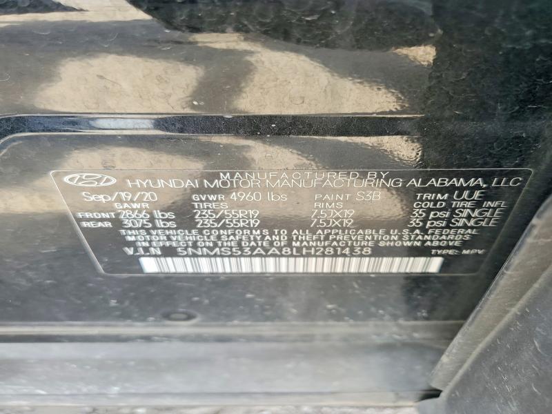 53073886 :رقم المزاد ، 5NMS53AA8LH281438 vin ، 2020 Hyundai Santa Fe مزاد بيع