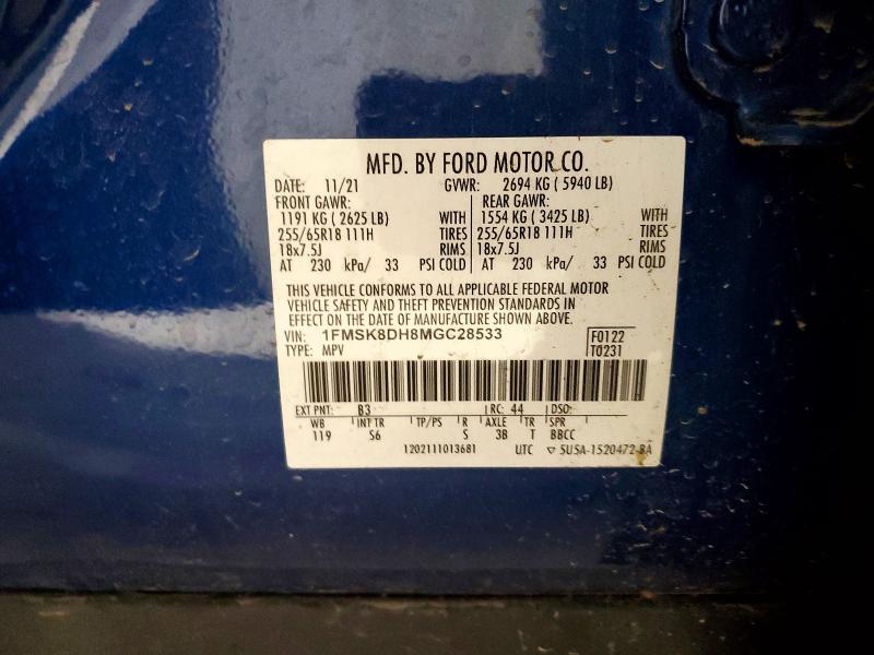 52301786 :رقم المزاد ، 1FMSK8DH8MGC28533 vin ، 2021 Ford Explorer مزاد بيع