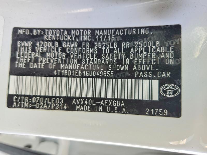 53261856 :رقم المزاد ، 4T1BD1EB1GU049655 vin ، 2016 Toyota Avalon Hybrid مزاد بيع