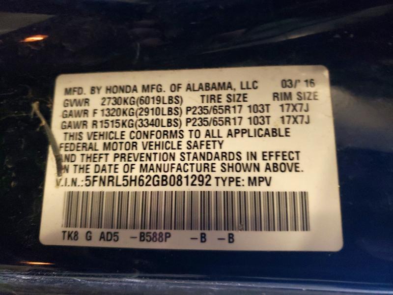 51803746 :رقم المزاد ، 5FNRL5H62GB081292 vin ، 2016 Honda Odyssey مزاد بيع