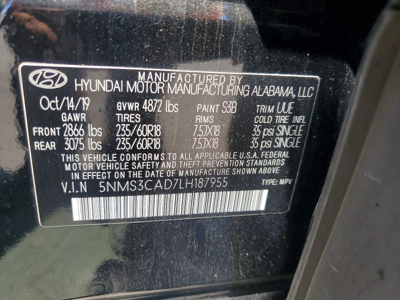 2020 Hyundai Santa Fe მანქანა იყიდება აუქციონზე, vin: 5NMS3CAD7LH187955, აუქციონის ნომერი: 54658406