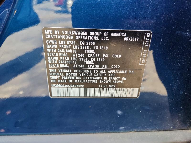 2018 Volkswagen Atlas მანქანა იყიდება აუქციონზე, vin: 1V2DR2CA2JC506922, აუქციონის ნომერი: 55270966