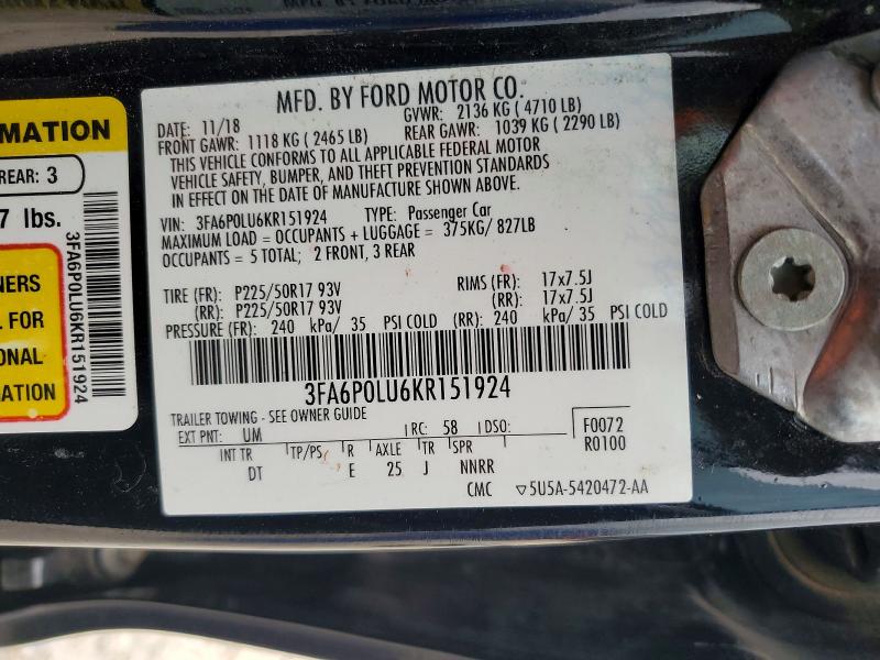 Продаж на аукціоні авто 2019 Ford Fusion, vin: 3FA6P0LU6KR151924, номер лоту: 51361346