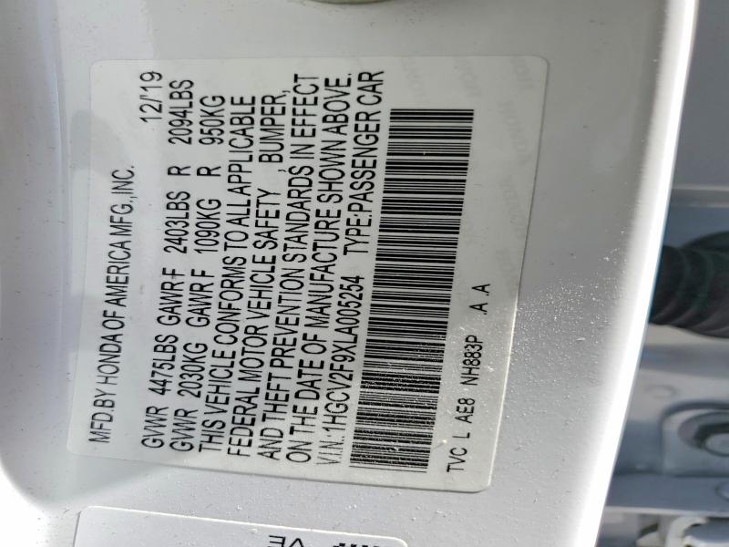 Продаж на аукціоні авто 2020 Honda Accord, vin: 1HGCV2F9XLA005254, номер лоту: 54182256