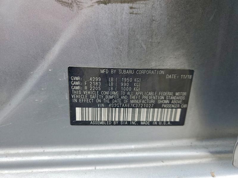51875076 :رقم المزاد ، 4S3GTAA67K3721027 vin ، 2019 Subaru Impreza مزاد بيع