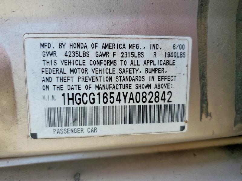 Aukcja sprzedaży 2000 Honda Accord, vin: 1HGCG1654YA082842, numer aukcji: 54875746