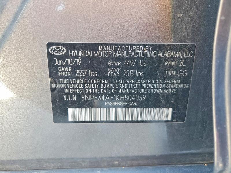 2019 Hyundai Sonata მანქანა იყიდება აუქციონზე, vin: 5NPE34AF1KH804059, აუქციონის ნომერი: 53659086