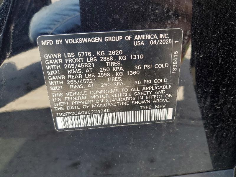 54248086 :رقم المزاد ، 1V2FE2CA0SC224946 vin ، 2025 Volkswagen Atlas Cross Sport مزاد بيع