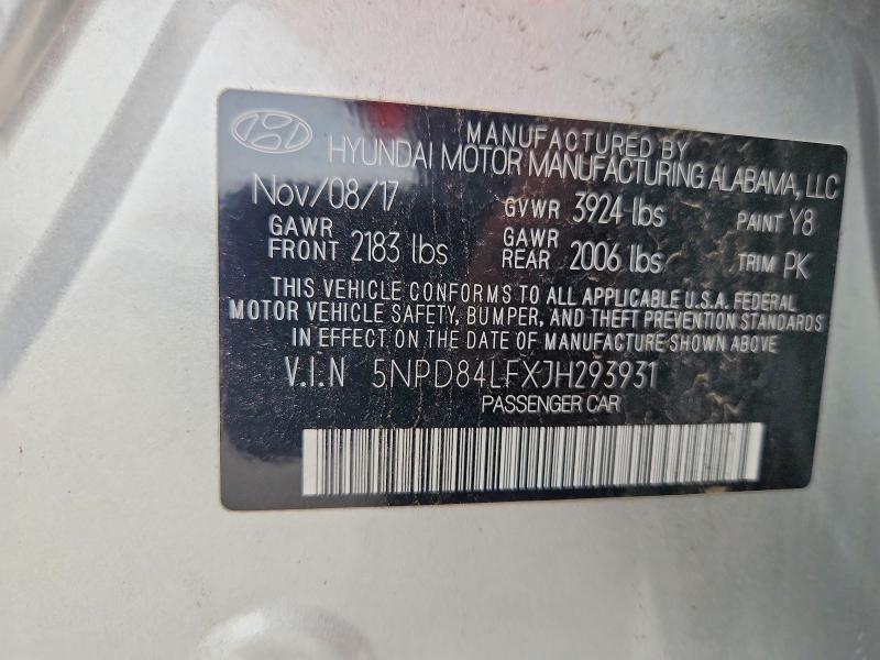 51910716 :رقم المزاد ، 5NPD84LFXJH293931 vin ، 2018 Hyundai Elantra مزاد بيع
