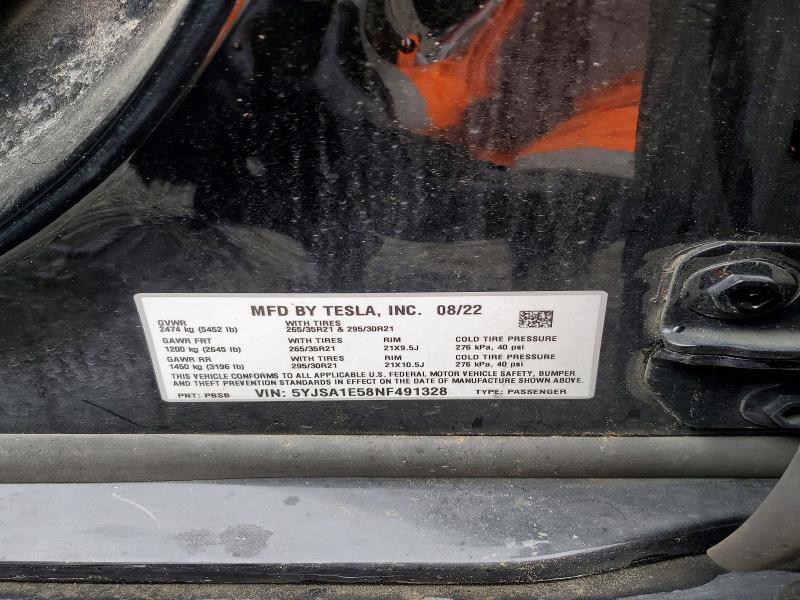2022 Tesla Model S მანქანა იყიდება აუქციონზე, vin: 5YJSA1E58NF491328, აუქციონის ნომერი: 53650926