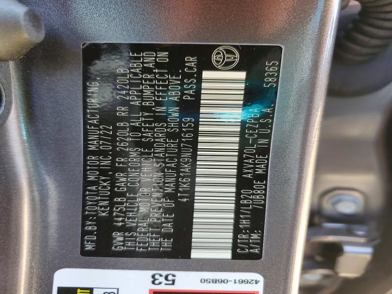 2022 Toyota Camry მანქანა იყიდება აუქციონზე, vin: 4T1K61AK9NU716159, აუქციონის ნომერი: 53040206
