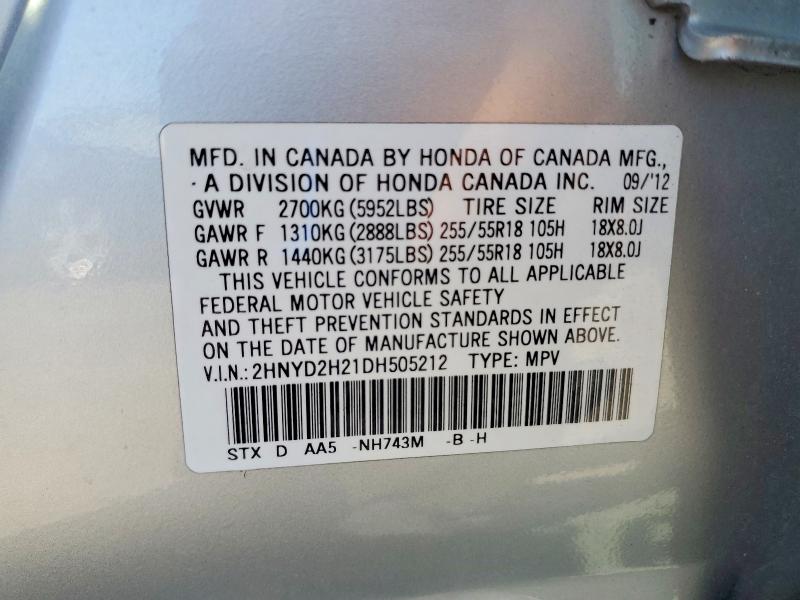 55618506 :رقم المزاد ، 2HNYD2H21DH505212 vin ، 2013 Acura Mdx مزاد بيع