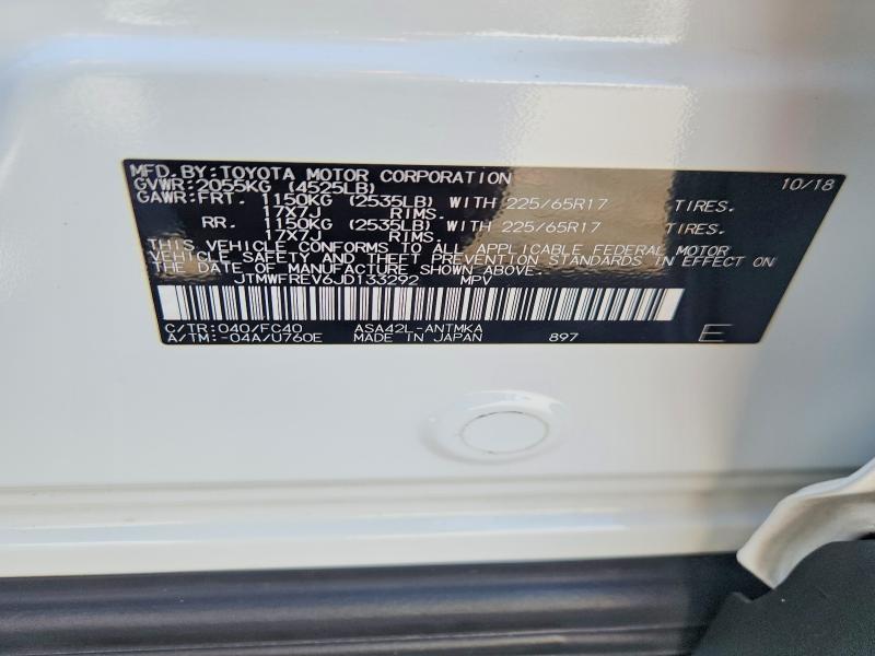 53697756 :رقم المزاد ، JTMWFREV6JD133292 vin ، 2018 Toyota Rav4 مزاد بيع