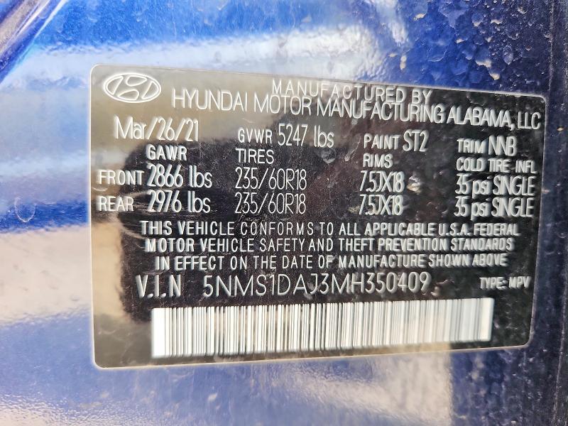 Продаж на аукціоні авто 2021 Hyundai Santa Fe, vin: 5NMS1DAJ3MH350409, номер лоту: 52263236