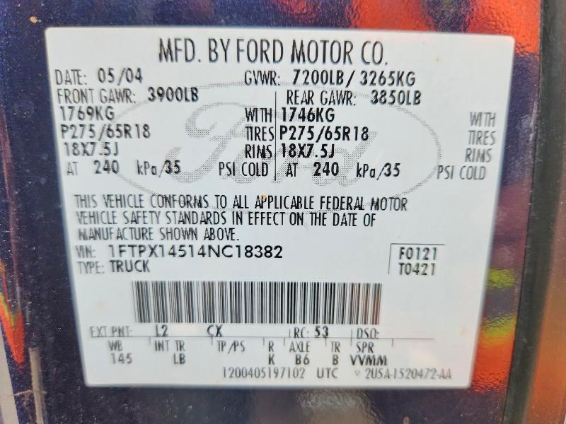 54670976 :رقم المزاد ، 1FTPX14514NC18382 vin ، 2004 Ford F150 مزاد بيع
