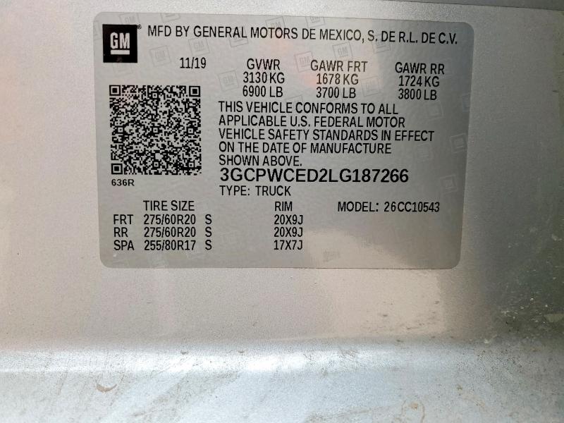 52918016 :رقم المزاد ، 3GCPWCED2LG187266 vin ، 2020 Chevrolet Silverado مزاد بيع
