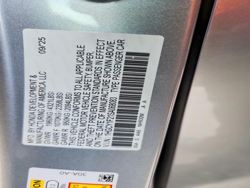 2025 Honda Accord მანქანა იყიდება აუქციონზე, vin: 1HGCY1F21SA068083, აუქციონის ნომერი: 52506946