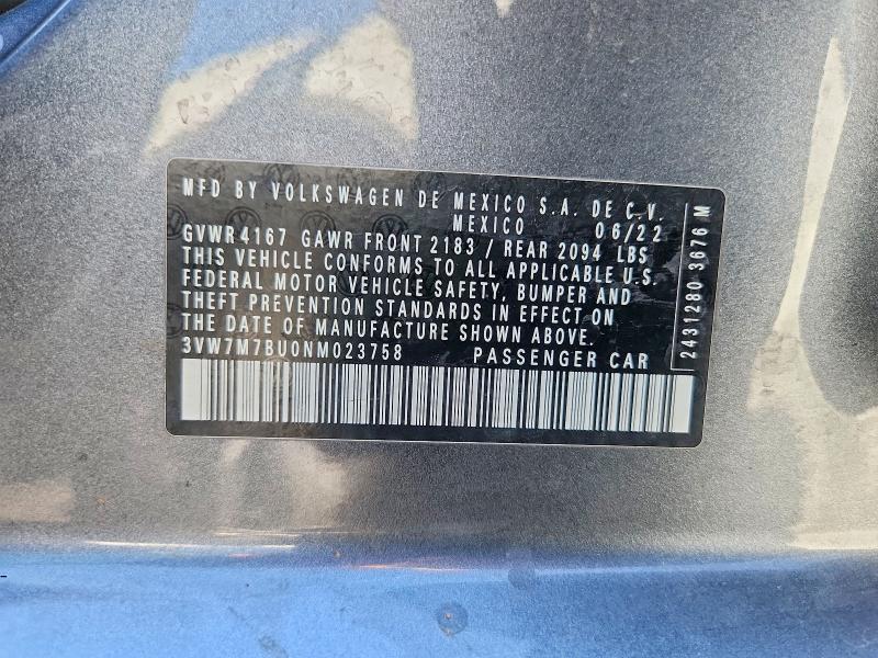 53879076 :رقم المزاد ، 3VW7M7BU0NM023758 vin ، 2022 Volkswagen Jetta مزاد بيع