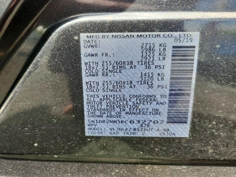 Продаж на аукціоні авто 2019 Nissan Pathfinder, vin: 5N1DR2MM5KC632702, номер лоту: 52655386
